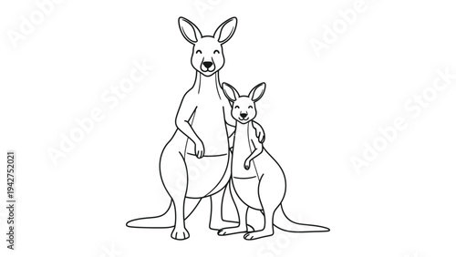 Kangaroo Family Outline: A heartwarming outline illustration of a kangaroo family, featuring a mother kangaroo with her joey in her pouch.