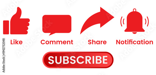 Social media icon set with red like comment share notification bell and subscribe button isolated on white