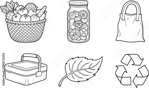 Collection of line art icons representing healthy eating and sustainability concepts