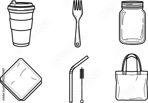 Collection of reusable items for everyday use, including a cup, fork, jar, napkin, straw, and bag
