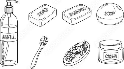 Collection of bathroom hygiene and personal care items in a simple line art style