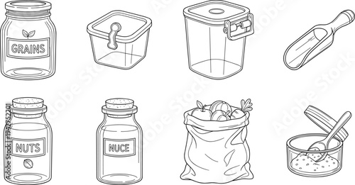 Collection of various containers for storing food items like grains, nuts, and produce
