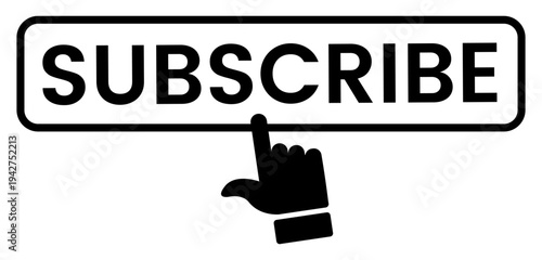 Black and white subscribe button icon with hand clicking cursor outline isolated on white