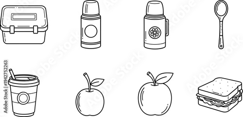 Collection of simple line art icons representing food and drink items for a healthy meal