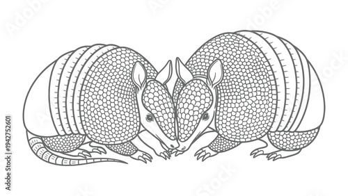 Two Armadillos: A graphic illustration of two armadillos with intricate patterned armor, facing each other in a close embrace, showcasing their unique shell formation.