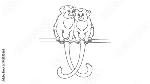 Monkey Duo Line Art: A charming line art illustration of two monkeys perched on a branch, tails playfully intertwined, capturing the essence of companionship and joy.