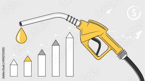 Rising oil price concept with yellow fuel nozzle and dripping oil on financial chart.