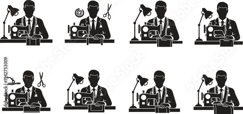 Man tailor sewing machine icon set