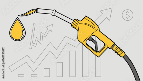 Gasoline yellow fuel pump nozzle dripping oil over rising bar chart, symbolizing global oil price increase.