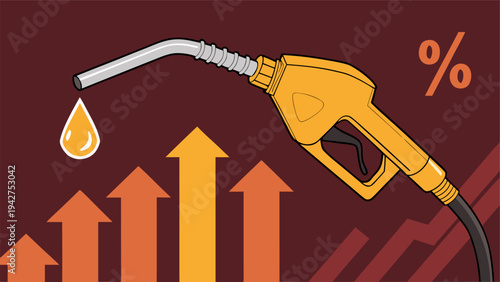 Energy crisis concept showing yellow fuel pump nozzle with oil drop and red rising chart.