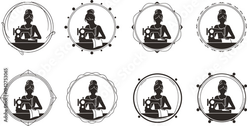 Woman sewing machine frame icon set