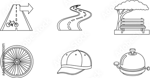 Collection of simple line art icons for cycling, travel, leisure, and service