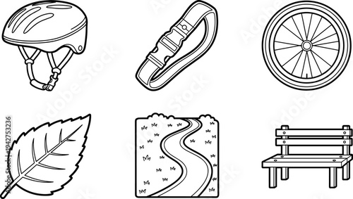Collection of outdoor activity and nature icons including a helmet, strap, wheel, leaf, path, and bench