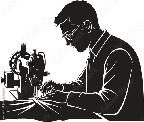 Tailor working on vintage sewing machine silhouette