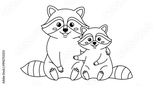 Cute Raccoons in Embrace: A heartwarming depiction of two adorable raccoons sharing a tender moment, perfect for conveying themes of familial bond and affection.