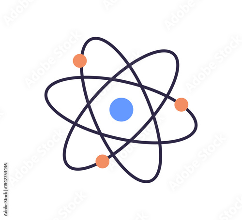 Atom symbol with nucleus and electrons on orbits. Molecular atomic model, molecule structure with particles, elements. Physics science. Flat vector illustration isolated on white background