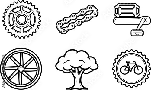 Collection of bicycle parts and symbols in a clean line art style