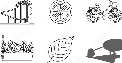 Collection of six diverse line art icons including a roller coaster, wheel, bicycle, flowers, leaf, and drone