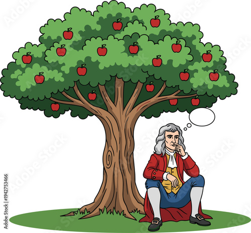 Isaac Newton Thinking Under Apple Tree Illustration, Gravity Discovery Concept, Scientific Inspiration, Classic Physics History, Education, Knowledge and Creative Learning Vector Artwork