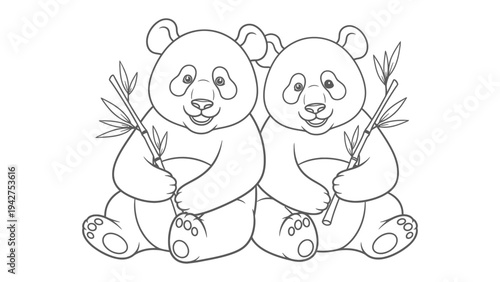 Pair of Panda : Two endearing pandas sit side-by-side, each gently holding a bamboo branch, radiating a sense of friendship, joy and harmony.