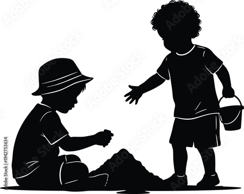 Black Silhouette Vector Illustration of Two Young Children Playing in Sand With Pail and Bucket Enjoying Summer Vacation Outdoors at Beach or Park