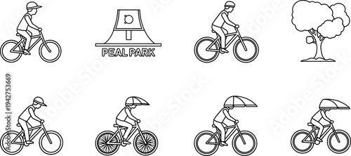 Set of simple line art icons depicting people riding bicycles in various scenarios