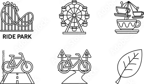 Amusement park icons including roller coaster, Ferris wheel, teacup ride, and bicycles