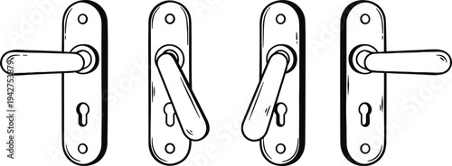 Flat vector illustration of a set of four door handles with keyholes in different positions, isolated on a white background.