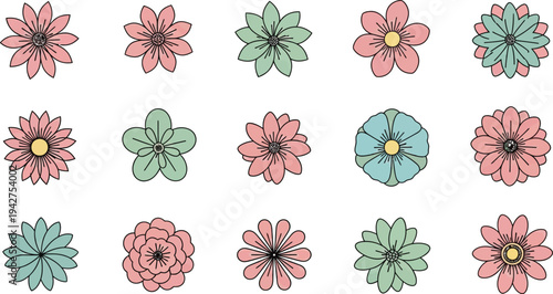 Colorful flowers in pink and green hues on white background blue yellow