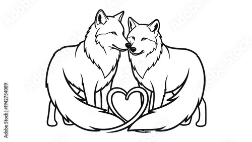 Fox Love: Depicting a tender moment between two foxes, their hearts entwined in a symbol of enduring affection, expressing sentiments of love and connection.