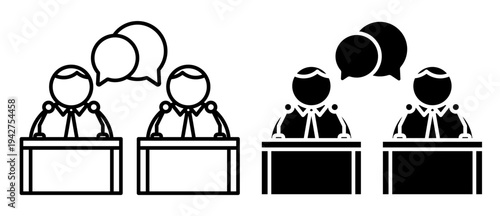 Linear icon. Participants in presidential election race stand behind podiums with microphones answering questions. Simple black and white vector symbol isolated on white background