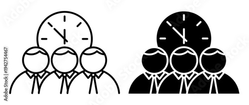Linear icon. Group of office workers waiting for their lunch break against the backdrop of a large office clock. Simple black and white vector symbol isolated on white background