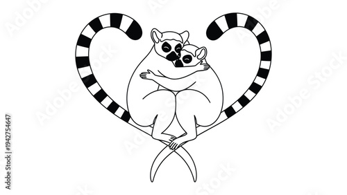Lemur Love Embrace: Two adorable lemurs sharing a warm embrace form a heart shape with their tails, symbolizing a heartfelt connection of love and affection. 