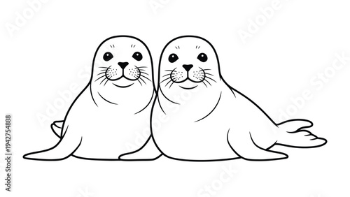 Cute Seals: Two adorable baby seals, with round eyes and happy smiles, are depicted in a charming illustration, sitting side by side.