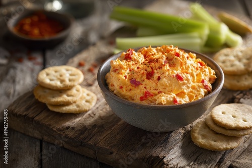 Homemade Pimento Cheese Spread on a Rustic Wooden Board with Crackers and Celery