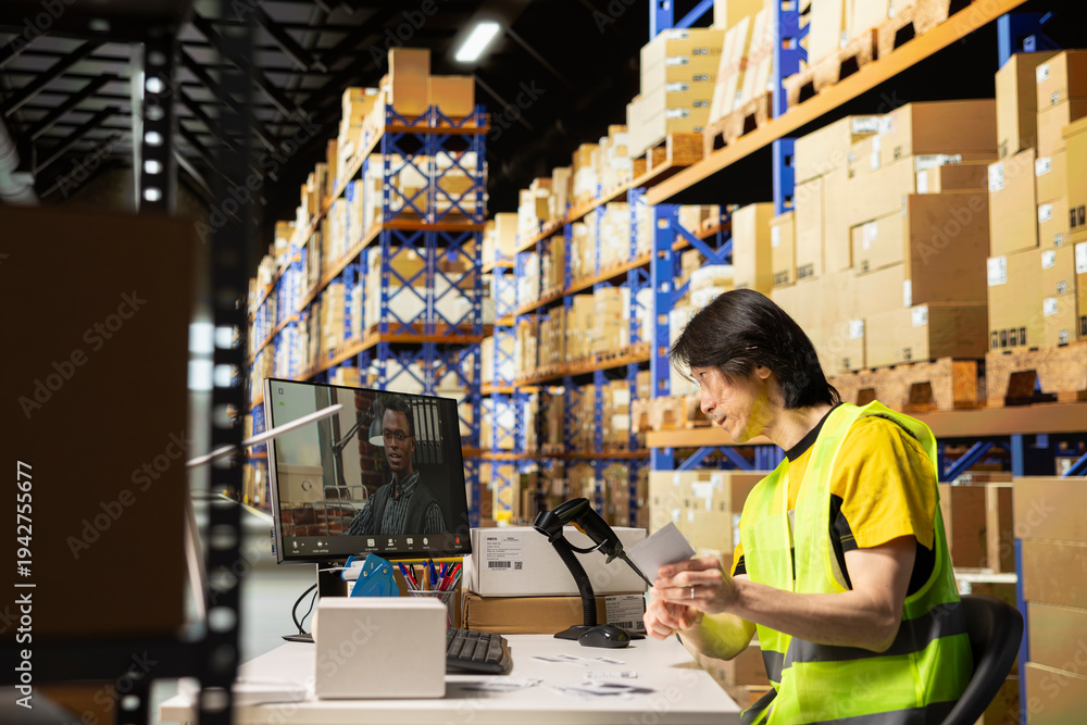Fototapeta premium Warehouse clerk chatting on video call with a client on help line, fixing shipment details for cargo goods before delivery. Employee and customer on remote videoconference network.