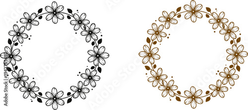 Floral wreath frame set, hand drawn flower border, elegant botanical circle, wedding invitation ornament, black and gold vector illustration pack (Exactly 20 words)