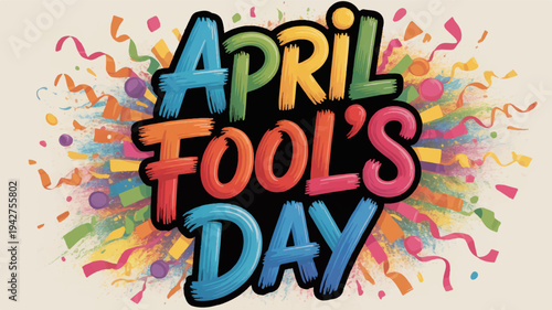 April fool's day celebration with colorful confetti and ribbons on beige background