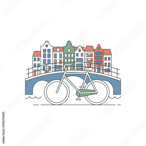 Minimalist Bicycle Illustration with Amsterdam Canal Houses.