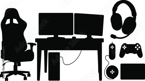 Modern Gaming Setup with Ergonomic Chair Dual Monitors and Controllers on Desk for Entertainment