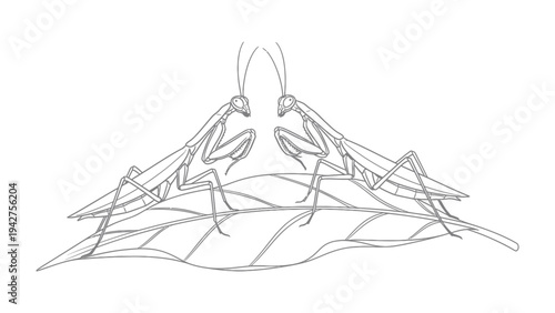 Praying Mantis Embrace: Two praying mantises face each other, resting on a detailed leaf with an artistic linear rendering. This illustration showcases insect's anatomy.