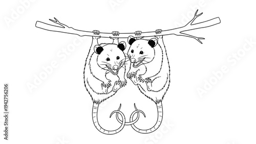 Two Opossums Hanging by Tail on Branch