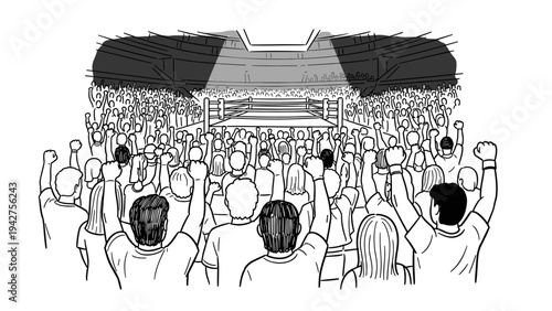 Arena excitement: crowd cheers around boxing ring in energetic black and white scene