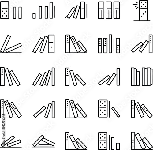Set of flat line domino game icons featuring falling domino tiles, game pieces, and sequence effects for leisure and entertainment design projects.