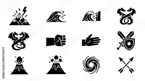 Bold minimalist symbols: dragons, waves, volcanoes, and more in black icons set