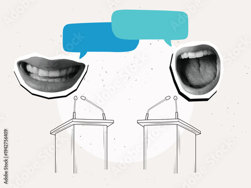 An open mouthes behind a podium with microphones. The concept of debate or discussion. Public speaking concept. Modern collage style. Vector illustration