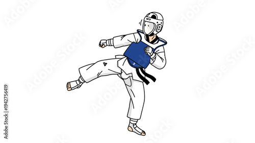 Dynamic taekwondo kick with protective gear in action pose