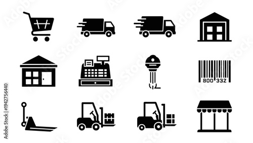 Essential icons for retail and logistics: shopping, shipping, and inventory