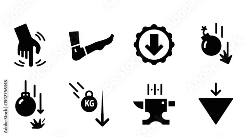 Safety hazard icons set: falling, rolling, and dropping objects in solid style