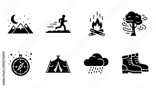 Outdoor adventure icons set: nature, camping, hiking essentials in simple black style
